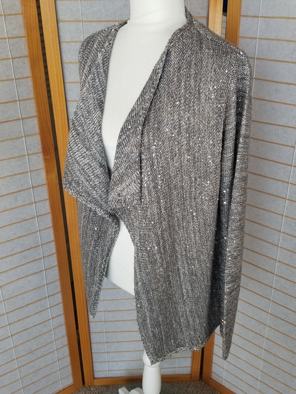 WHBM Shimmer Waterfall Cardigan Sweater Open Front Sequins Silver and Gold - Picture 7 of 9